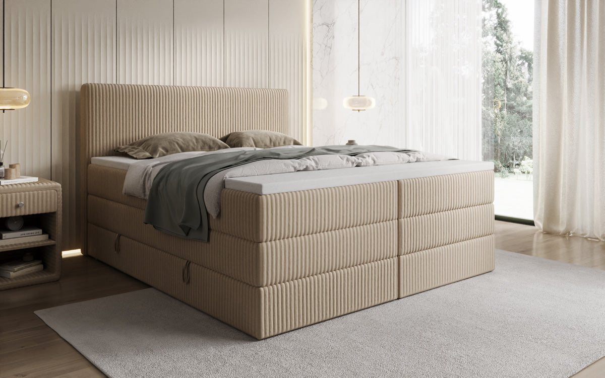 Boxspringbed Kubo King in Ribstof met opbergruimte