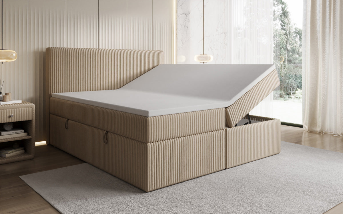 Boxspringbed Kubo in Ribstof met opbergruimte