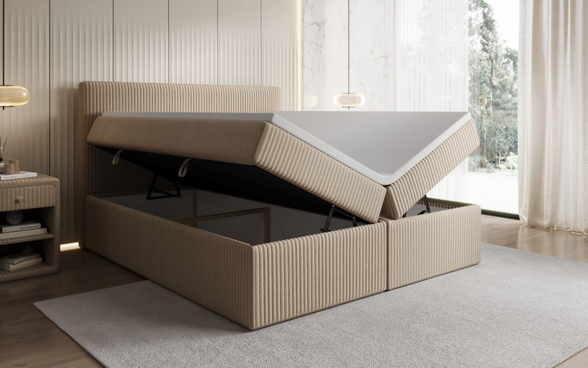Boxspringbed Kubo in Ribstof met opbergruimte