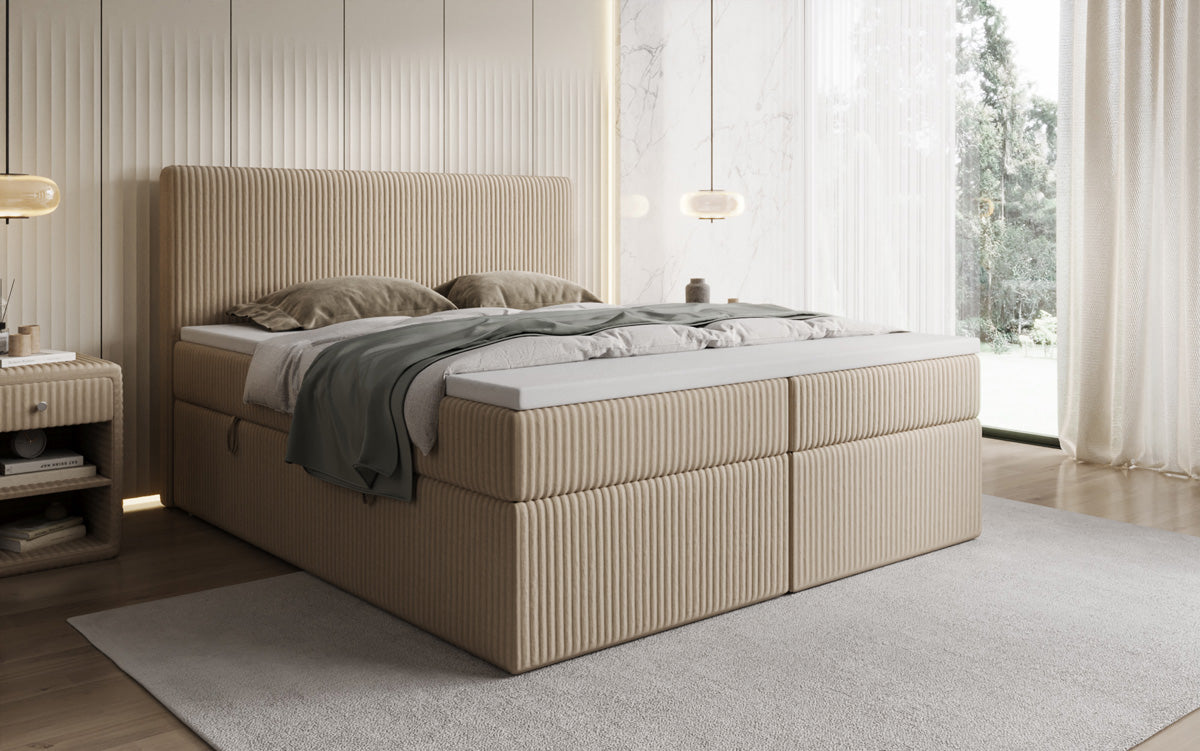 Boxspringbed Kubo in Ribstof met opbergruimte