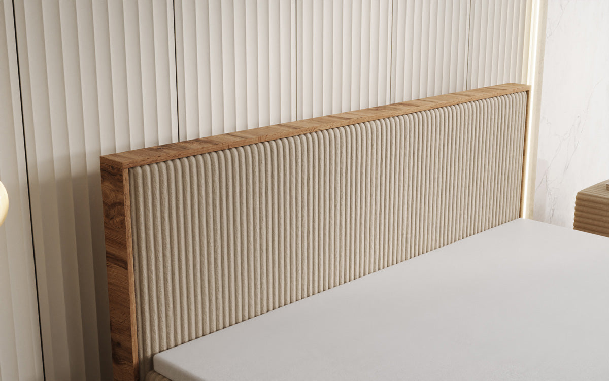 Boxspringbed Timber in Ribstof met opbergruimte