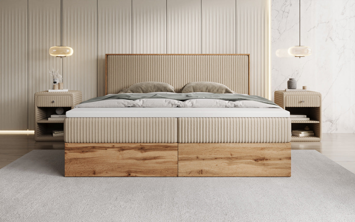 Boxspringbed Timber in Ribstof met opbergruimte