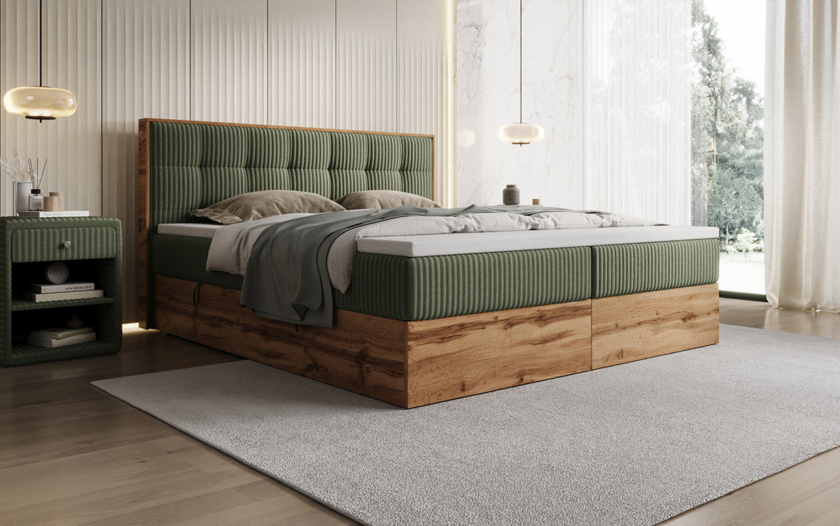 Boxspringbed Timber Quad in Ribstof met opbergruimte