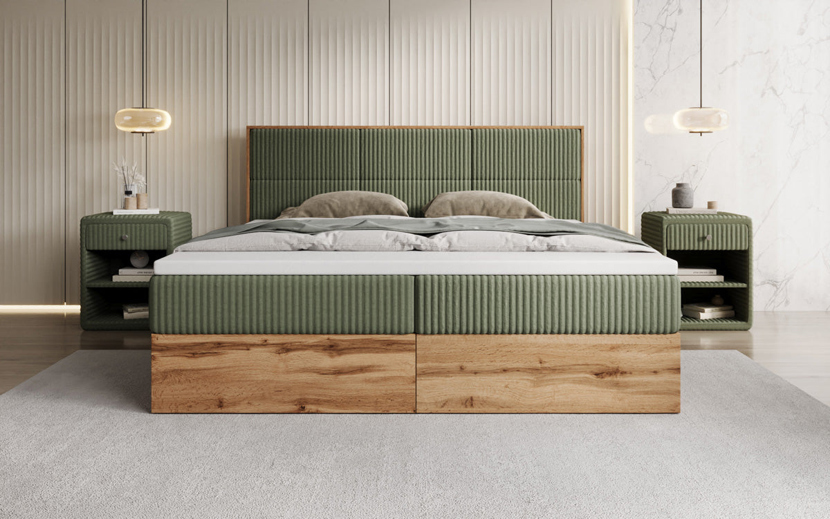 Boxspringbed Timber Panel in Ribstof met opbergruimte