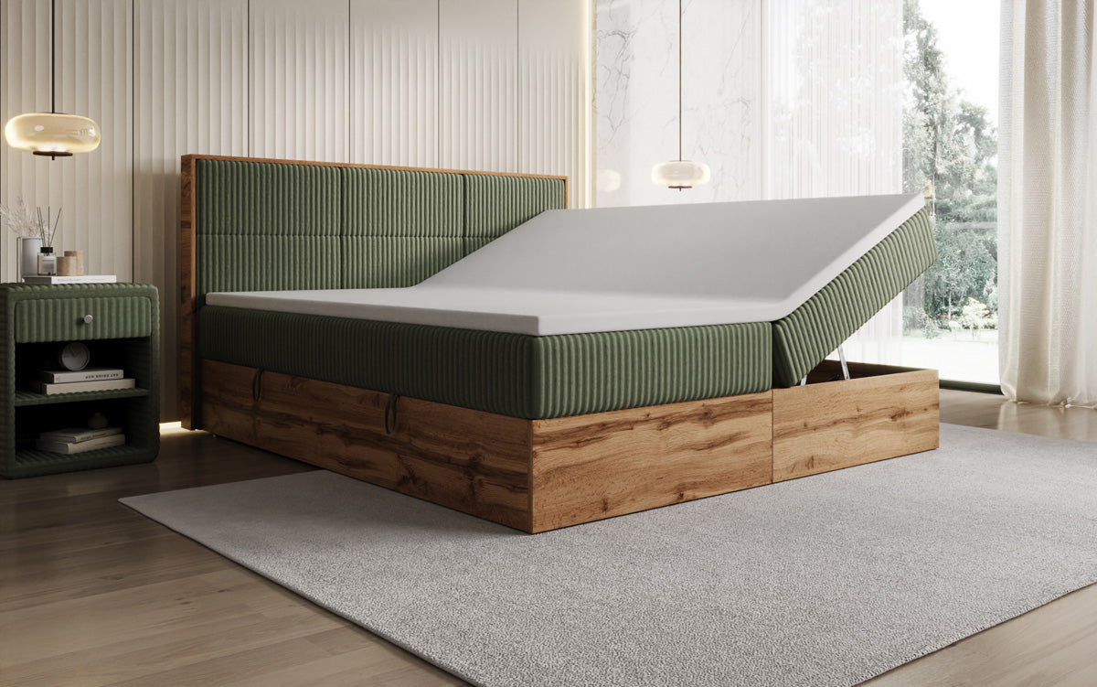 Boxspringbed Timber Panel in Ribstof met opbergruimte