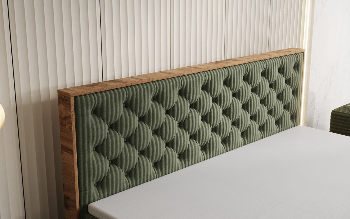 Boxspringbed Timber Chester in Ribstof met opbergruimte