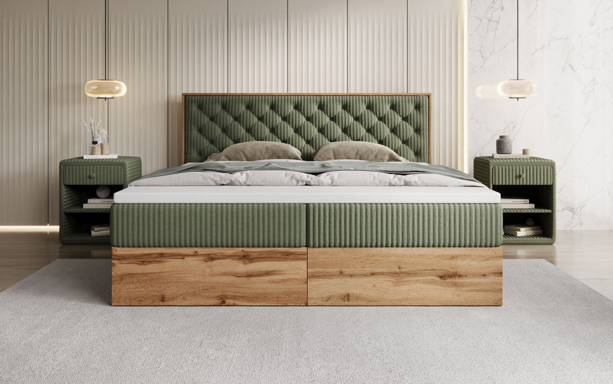 Boxspringbed Timber Chester in Ribstof met opbergruimte