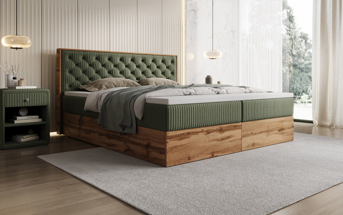 Boxspringbed Timber Chester in Ribstof met opbergruimte