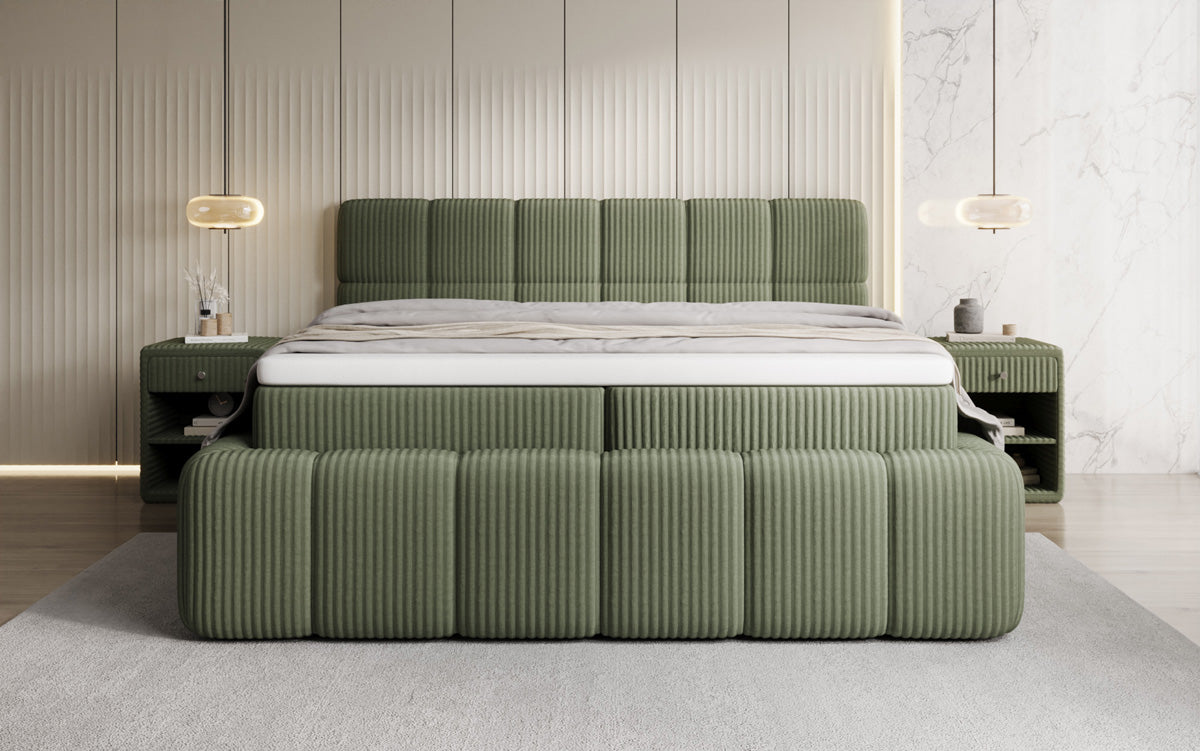 Boxspringbed Bombo in Ribstof met opbergruimte