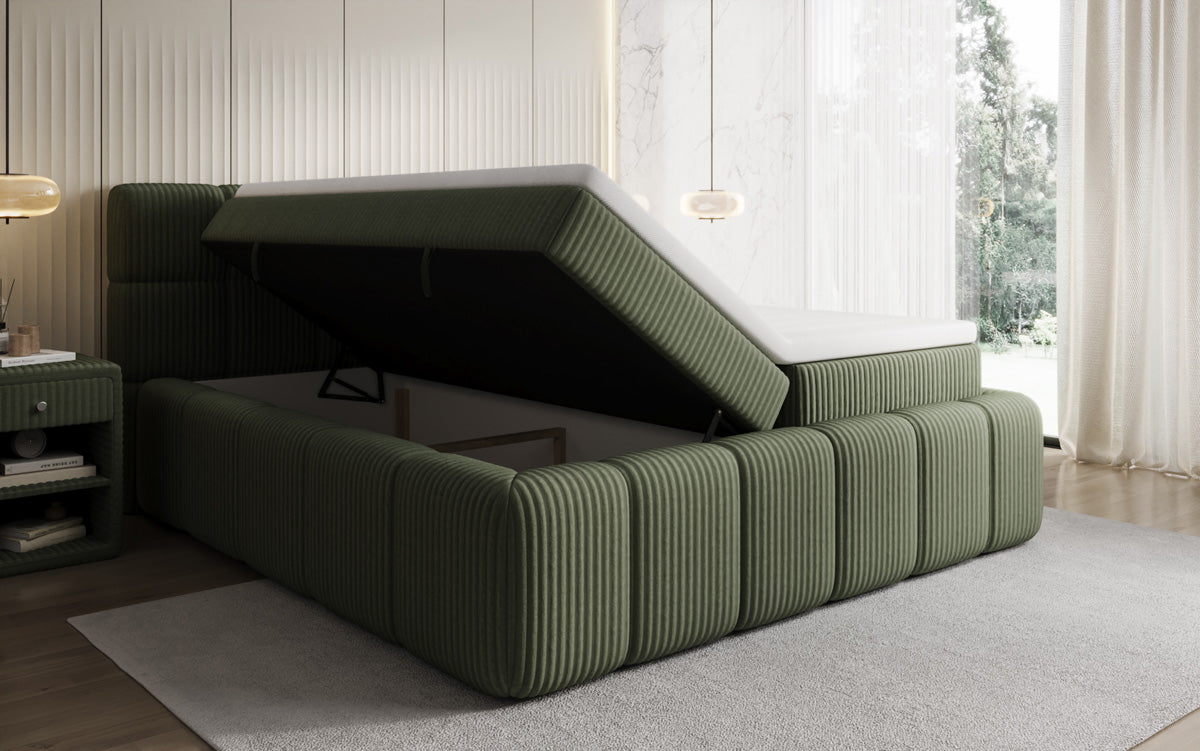 Boxspringbed Bombo in Ribstof met opbergruimte