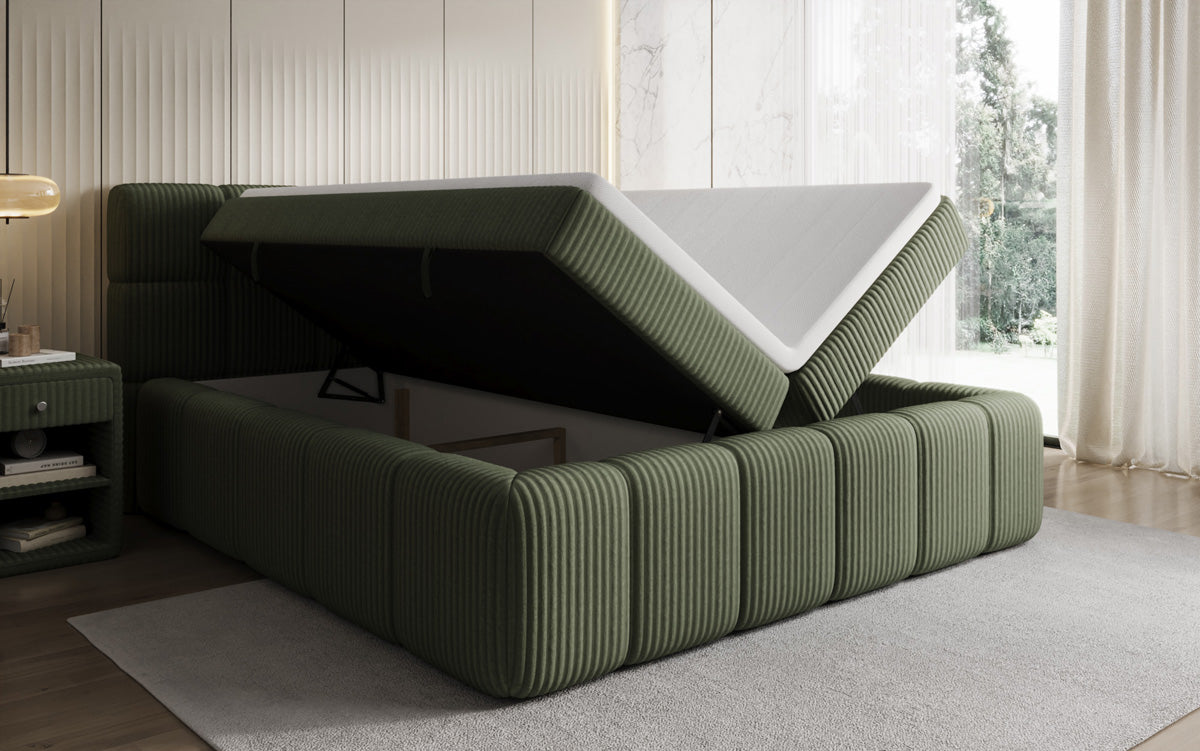 Boxspringbed Bombo in Ribstof met opbergruimte