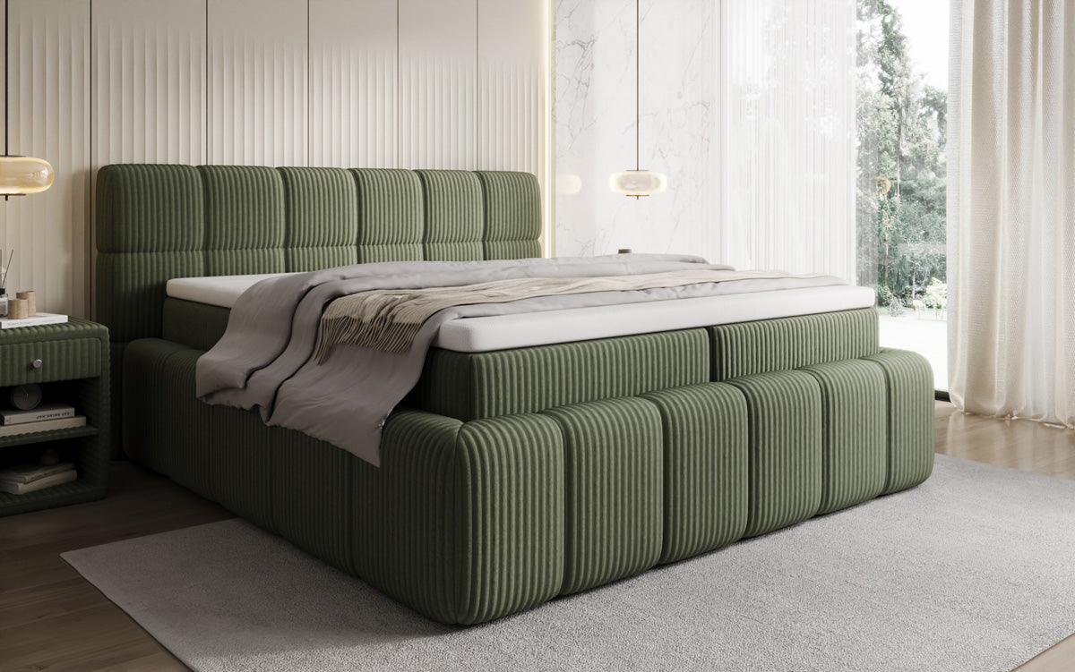 Boxspringbed Bombo in Ribstof met opbergruimte