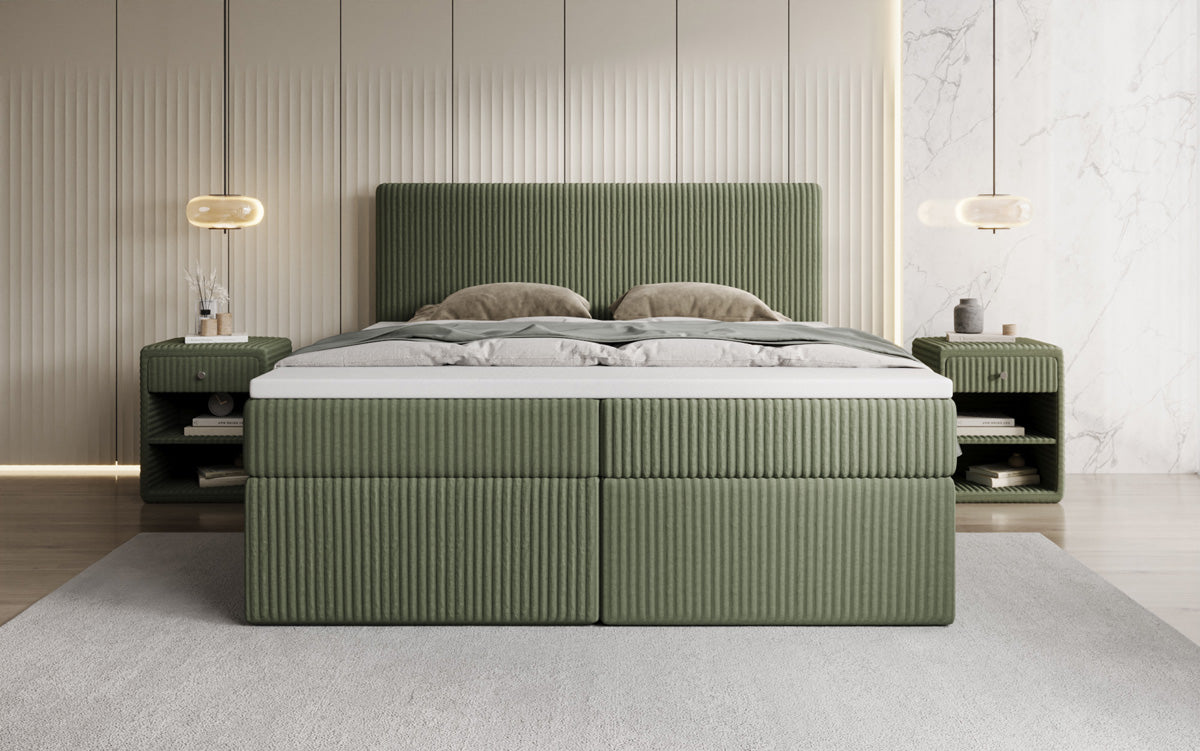 Boxspringbed Kubo in Ribstof met opbergruimte