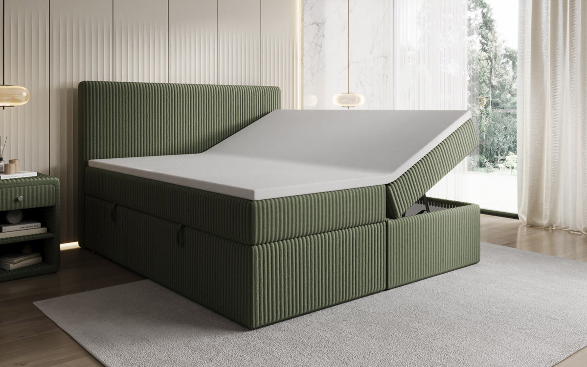 Boxspringbed Kubo in Ribstof met opbergruimte