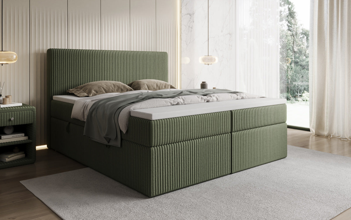 Boxspringbed Kubo in Ribstof met opbergruimte
