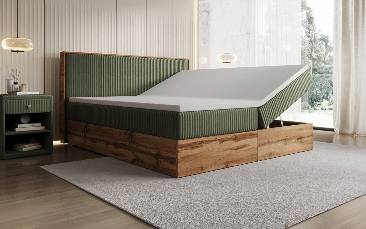 Boxspringbed Timber in Ribstof met opbergruimte