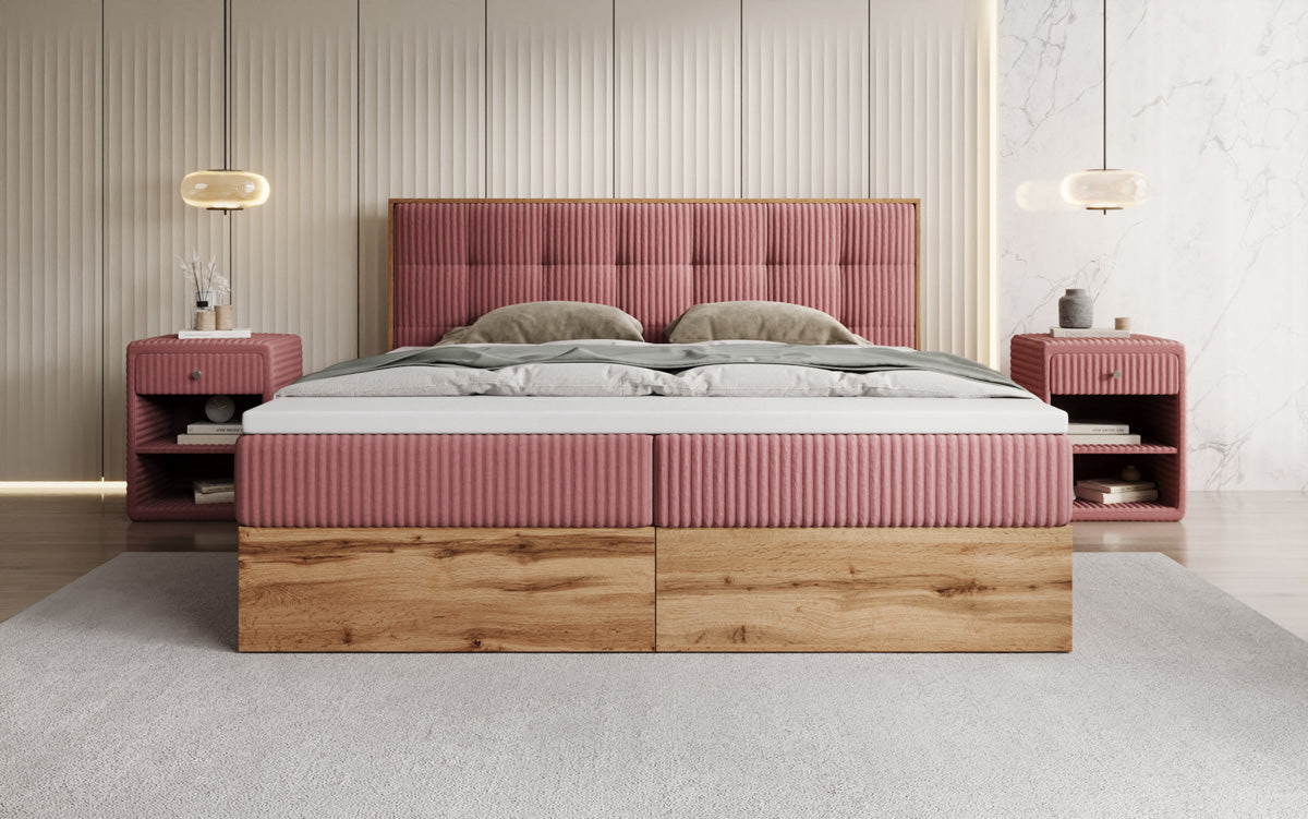 Boxspringbed Timber Quad in Ribstof met opbergruimte