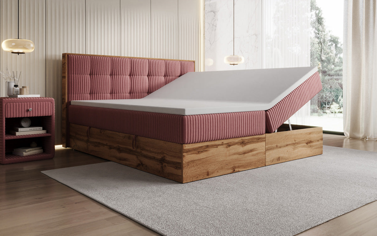 Boxspringbed Timber Quad in Ribstof met opbergruimte