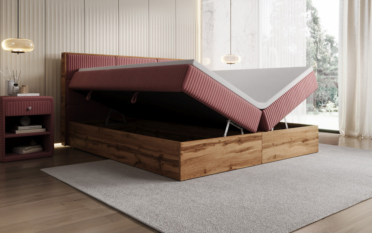 Boxspringbed Timber Panel in Ribstof met opbergruimte