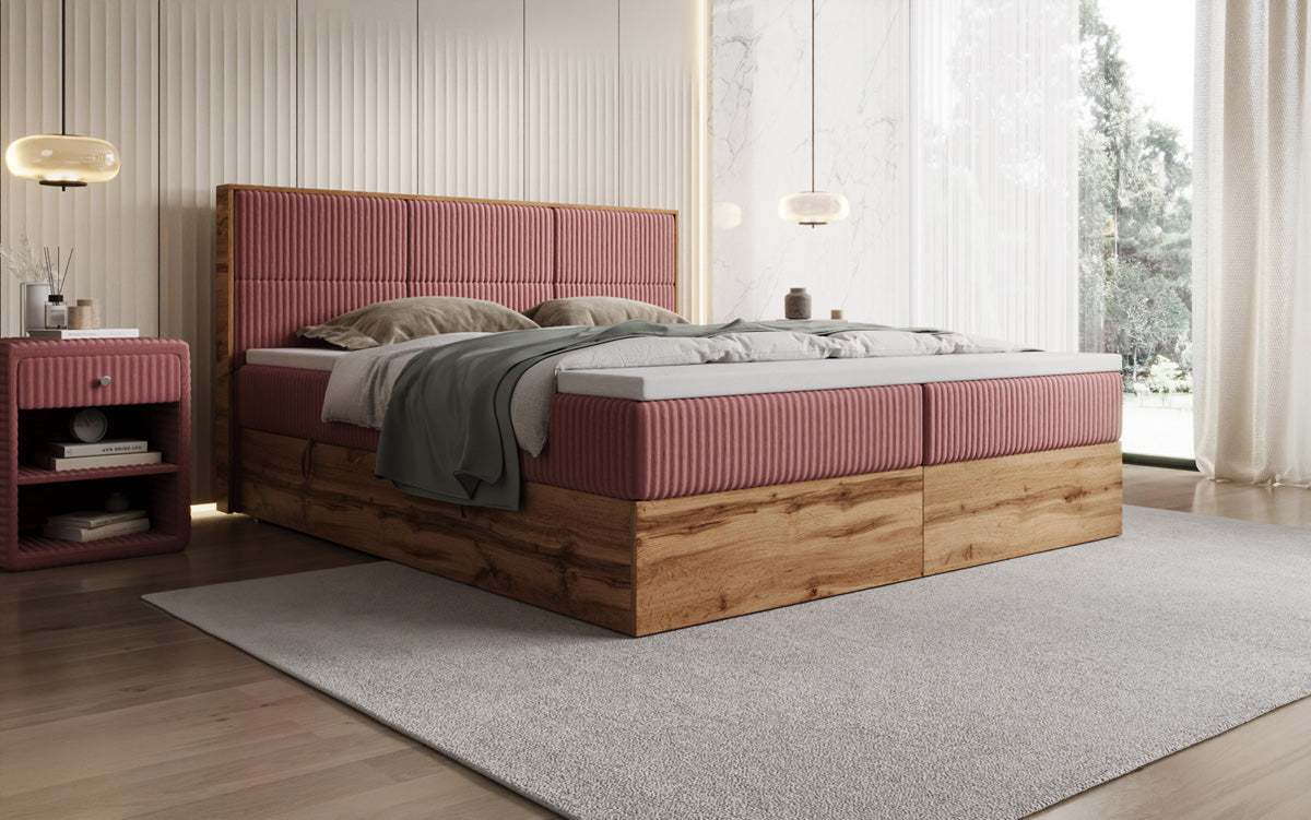 Boxspringbed Timber Panel in Ribstof met opbergruimte