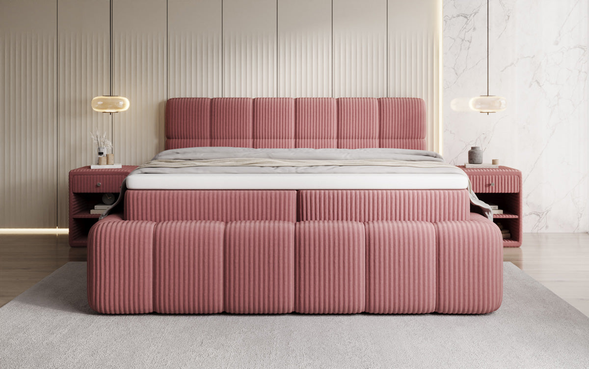 Boxspringbed Bombo in Ribstof met opbergruimte