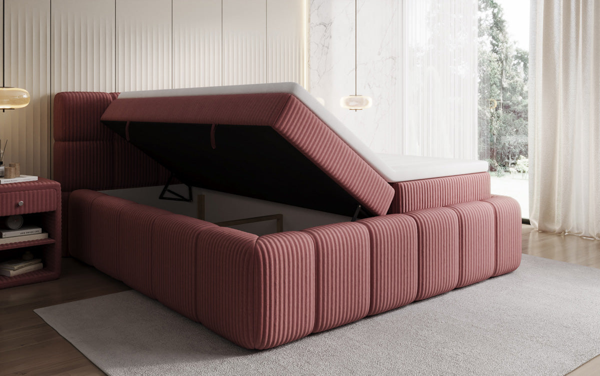 Boxspringbed Bombo in Ribstof met opbergruimte