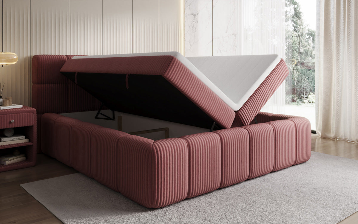 Boxspringbed Bombo in Ribstof met opbergruimte