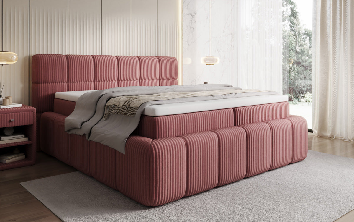 Boxspringbed Bombo in Ribstof met opbergruimte