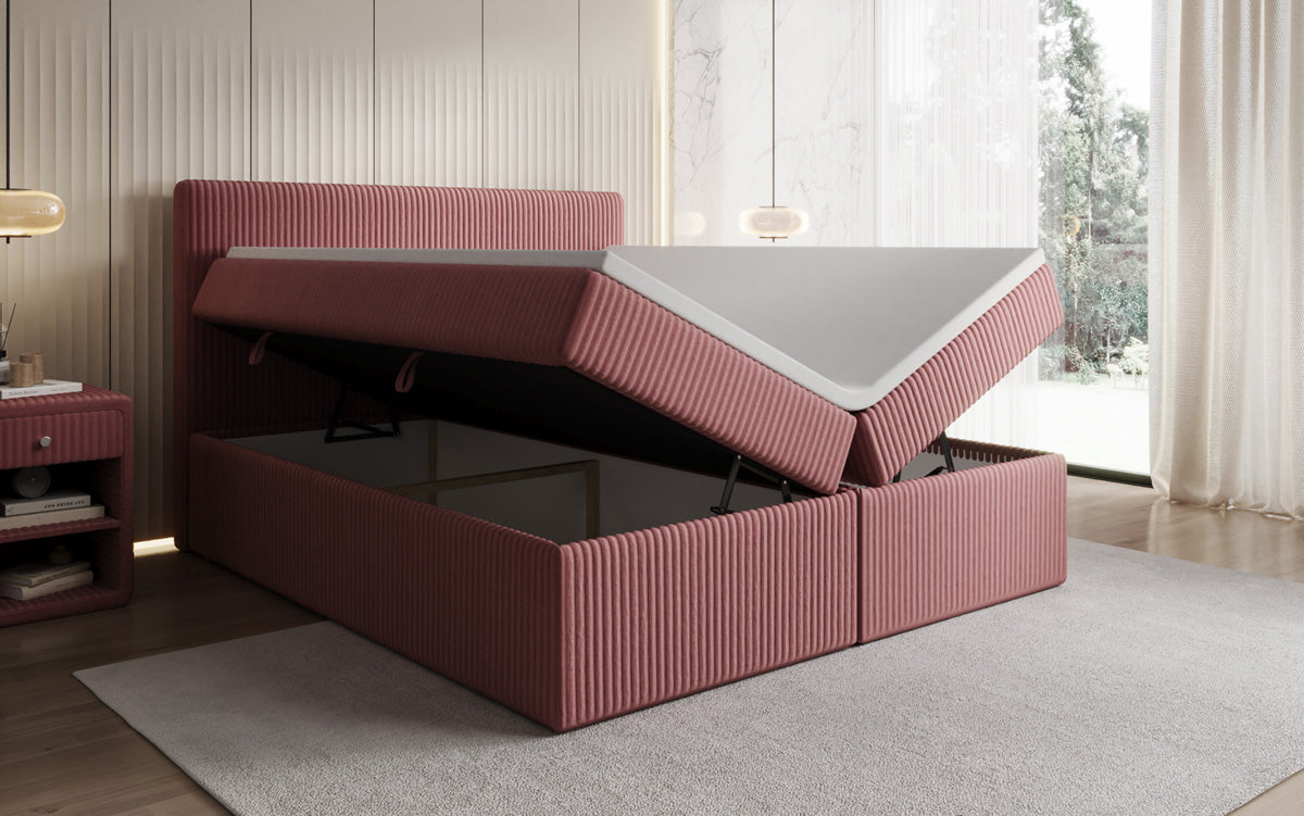 Boxspringbed Kubo in Ribstof met opbergruimte