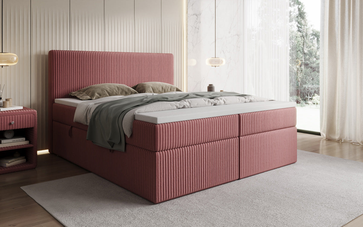 Boxspringbed Kubo in Ribstof met opbergruimte