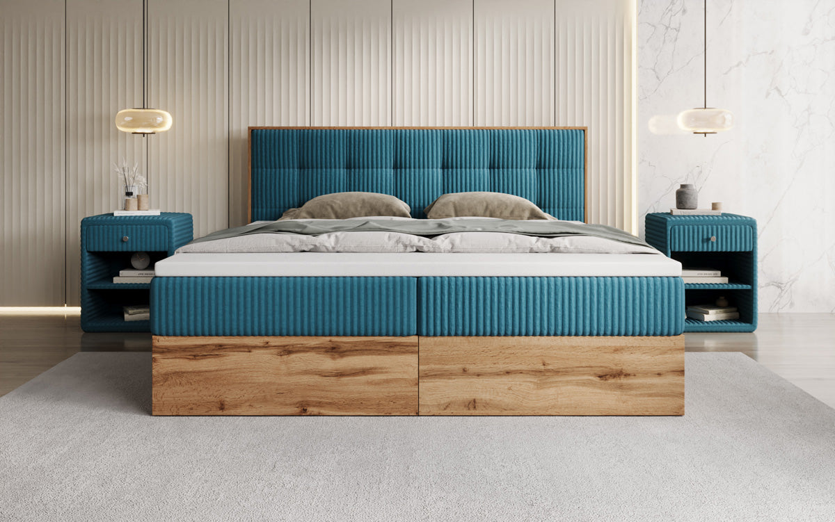 Boxspringbed Timber Quad in Ribstof met opbergruimte