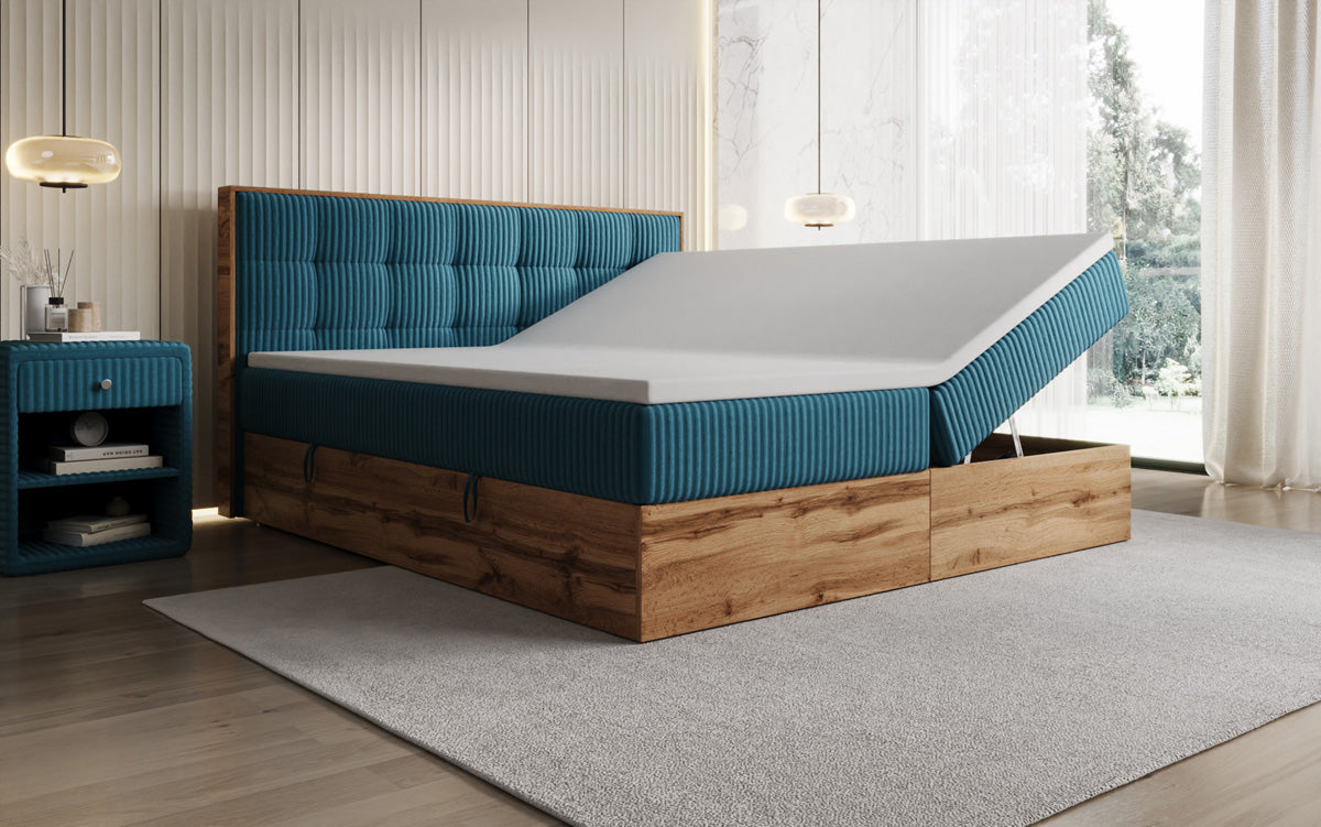 Boxspringbed Timber Quad in Ribstof met opbergruimte