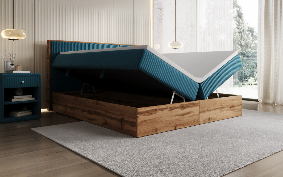 Boxspringbed Timber Panel in Ribstof met opbergruimte