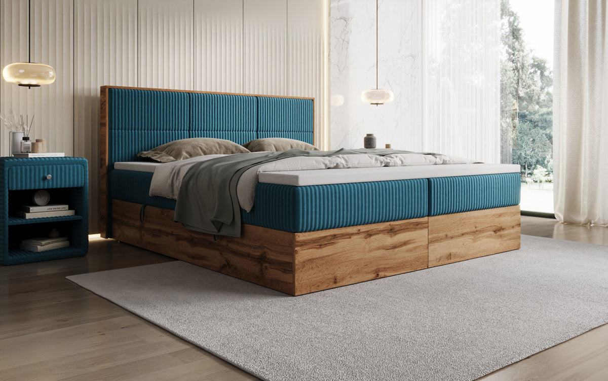 Boxspringbed Timber Panel in Ribstof met opbergruimte