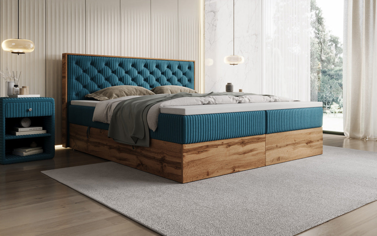 Boxspringbed Timber Chester in Ribstof met opbergruimte