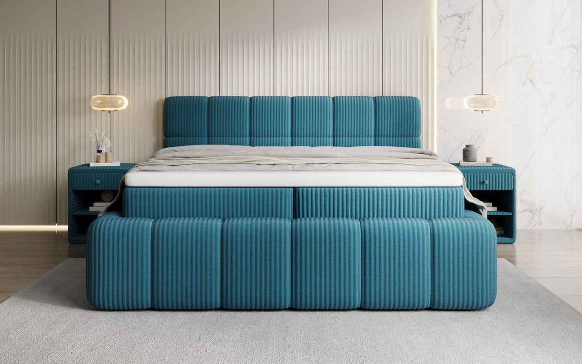 Boxspringbed Bombo in Ribstof met opbergruimte