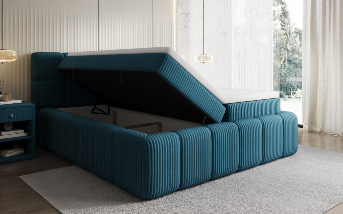 Boxspringbed Bombo in Ribstof met opbergruimte