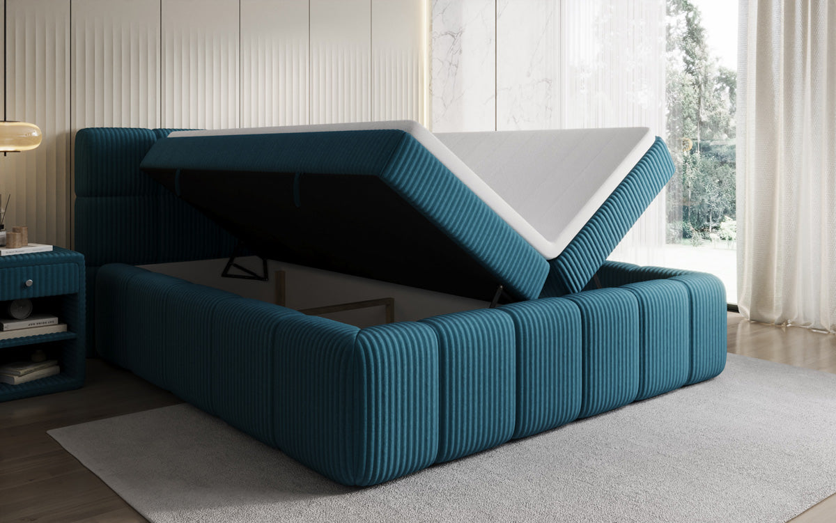 Boxspringbed Bombo in Ribstof met opbergruimte