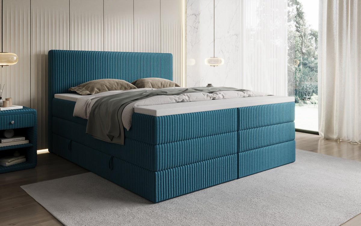 Boxspringbed Kubo King in Ribstof met opbergruimte