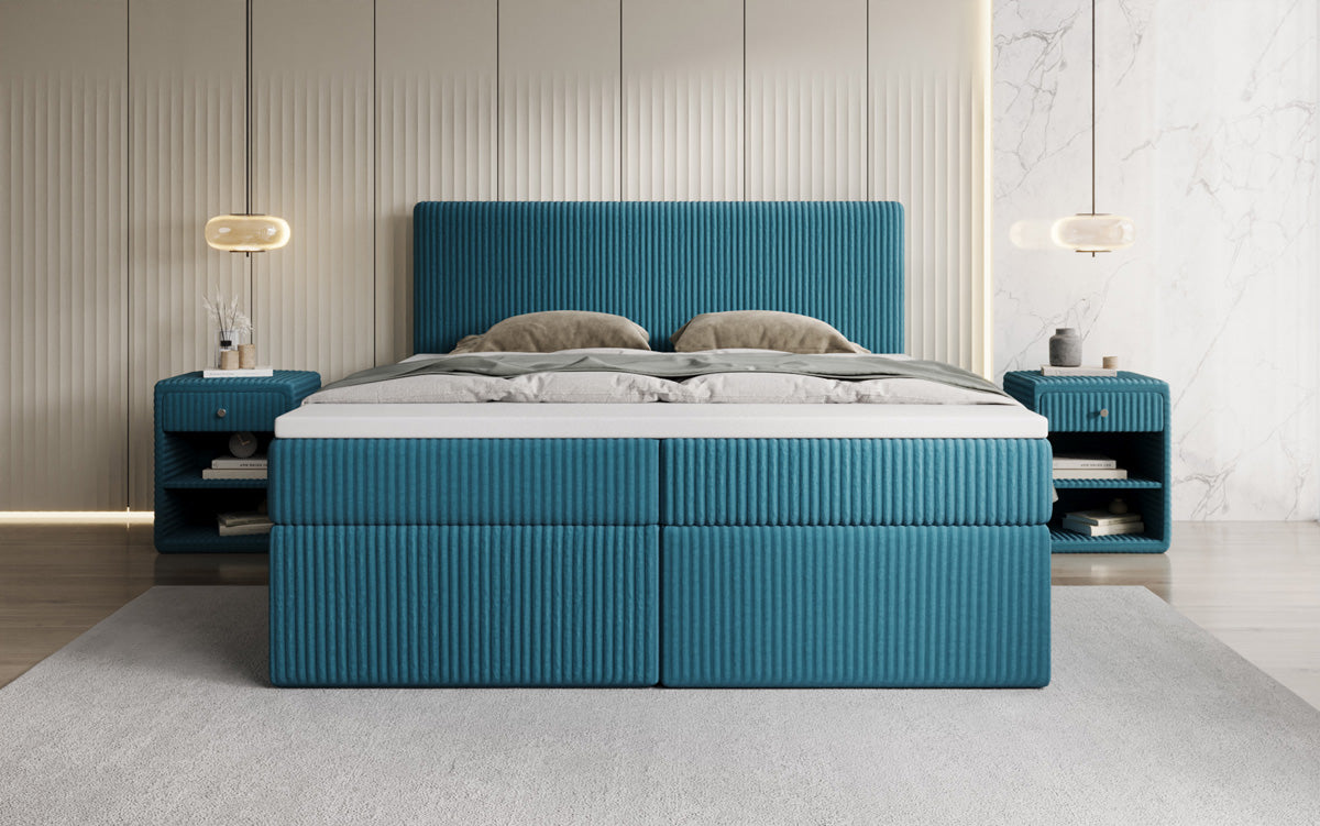 Boxspringbed Kubo in Ribstof met opbergruimte
