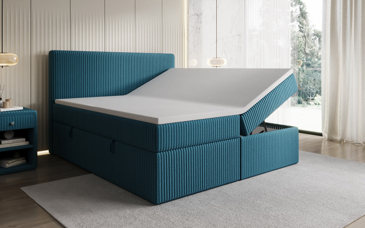 Boxspringbed Kubo in Ribstof met opbergruimte
