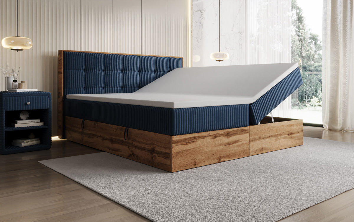 Boxspringbed Timber Quad in Ribstof met opbergruimte