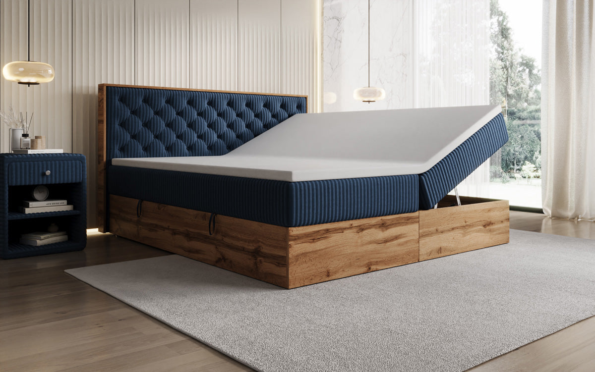 Boxspringbed Timber Chester in Ribstof met opbergruimte