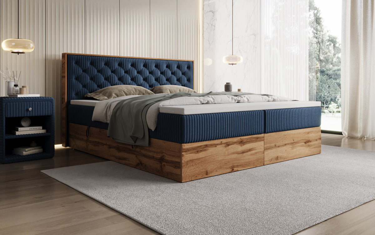 Boxspringbed Timber Chester in Ribstof met opbergruimte