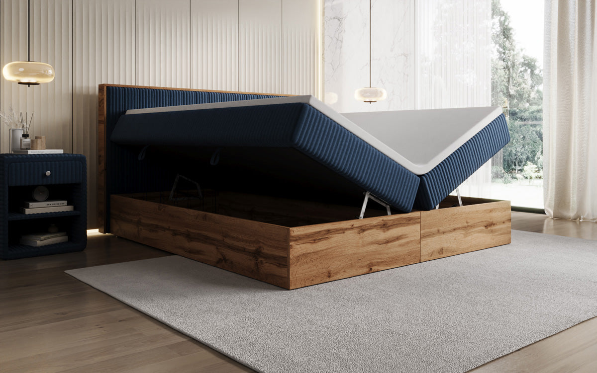 Boxspringbed Timber Line in Ribstof met opbergruimte