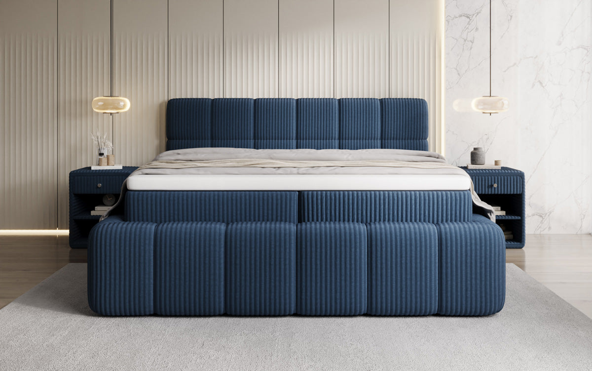 Boxspringbed Bombo in Ribstof met opbergruimte