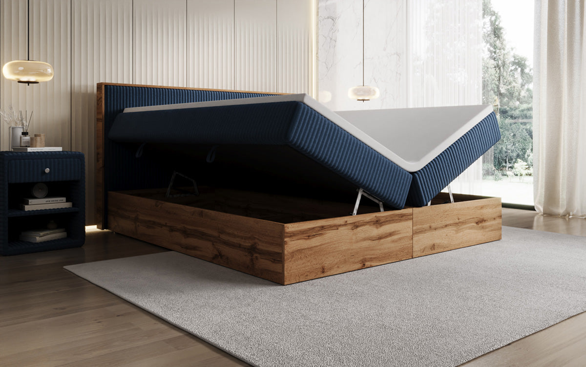 Boxspringbed Timber in Ribstof met opbergruimte