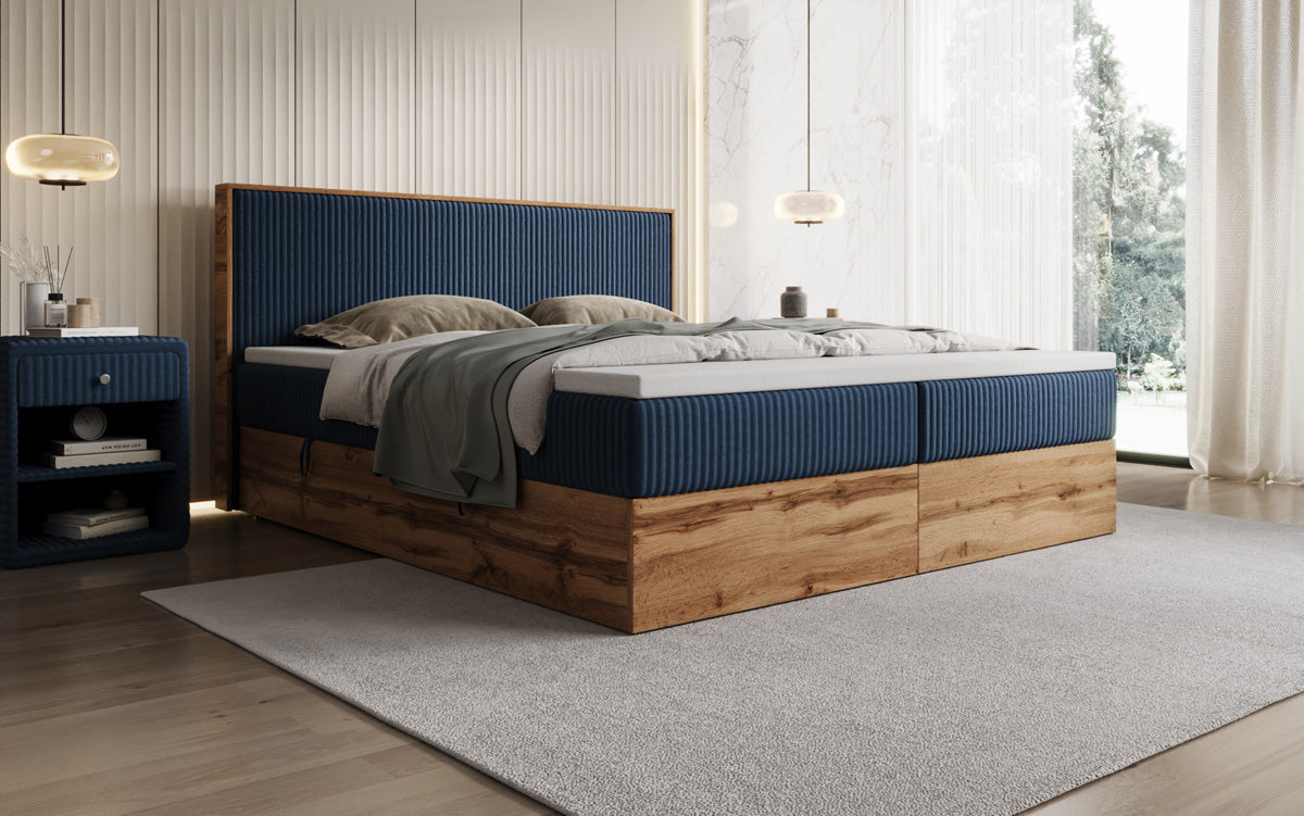 Boxspringbed Timber in Ribstof met opbergruimte