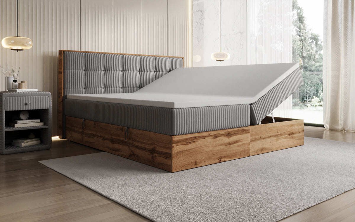 Boxspringbed Timber Quad in Ribstof met opbergruimte