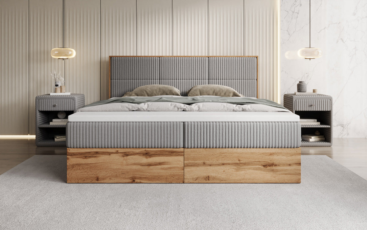 Boxspringbed Timber Panel in Ribstof met opbergruimte
